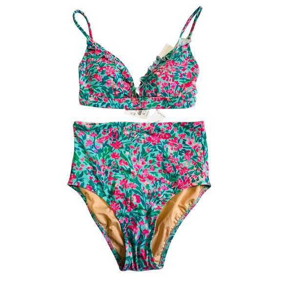 J.Crew Factory NWT Floral Printed Bikini Set Turquoise/Pink Sz.XS Beach Resort - Picture 3 of 9